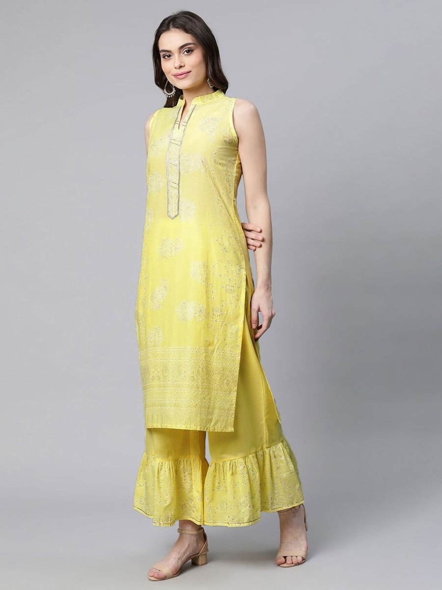 Ahalyaa Women Yellow Colour Pure Cotton Glitter Print Kurta Palazzo Set | Grocsy