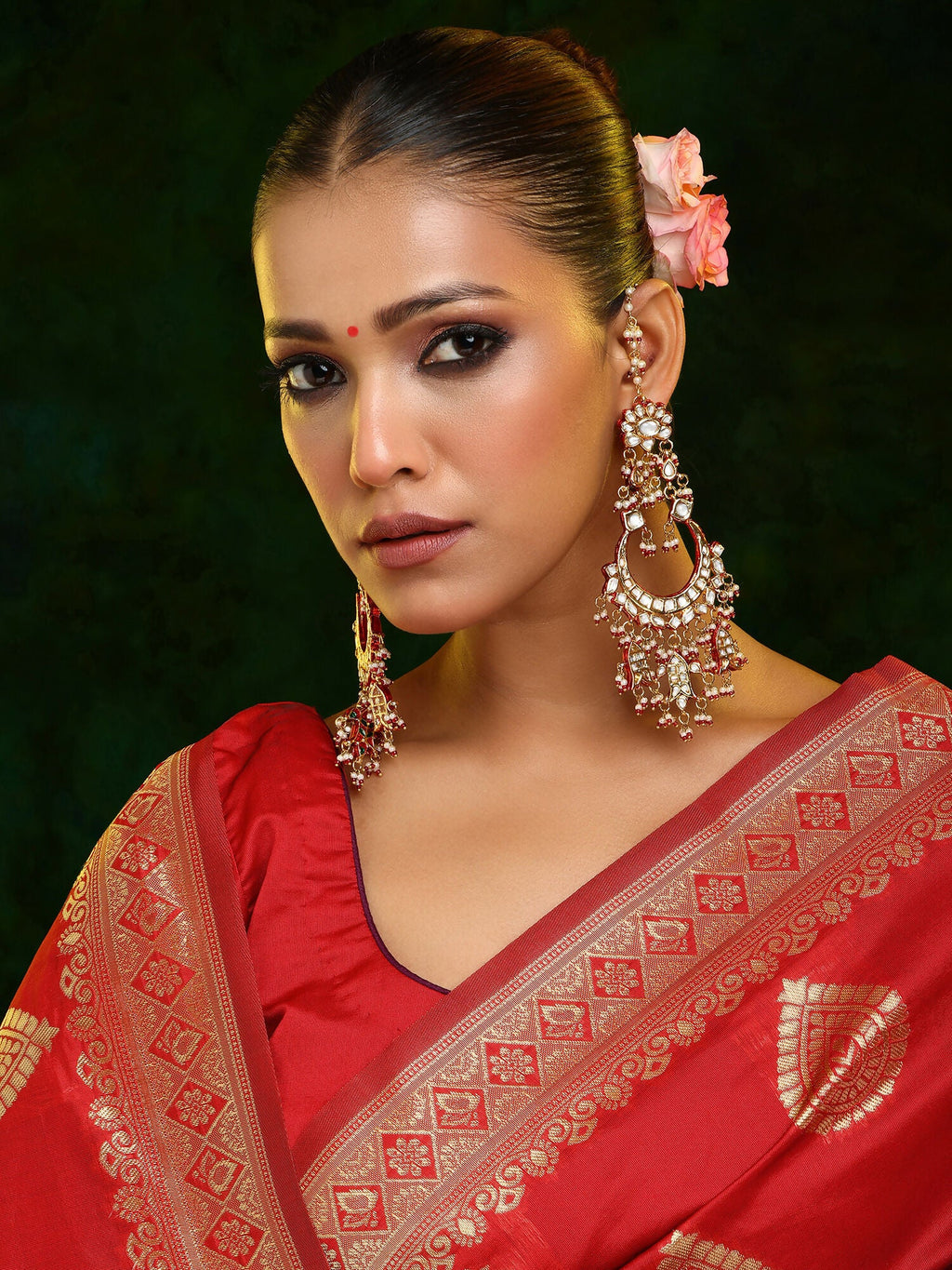 Ruby Raang 22k Gold Polished Kundan Chand Earrings With Ear Chains | Grocsy