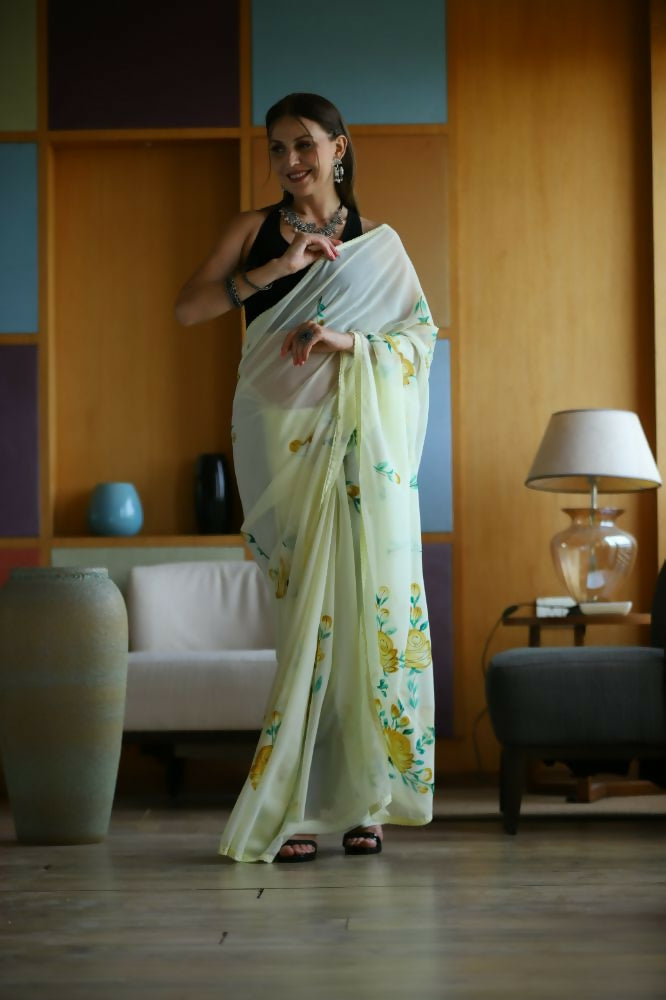 Vamsee Laxmi Yellow Georgette Saree | Grocsy