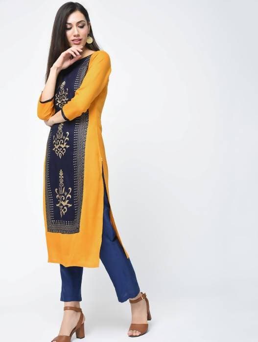 Aniyah Rayon Block Printed Straight Kurta In Mustard And Blue (AN-119K) | Grocsy