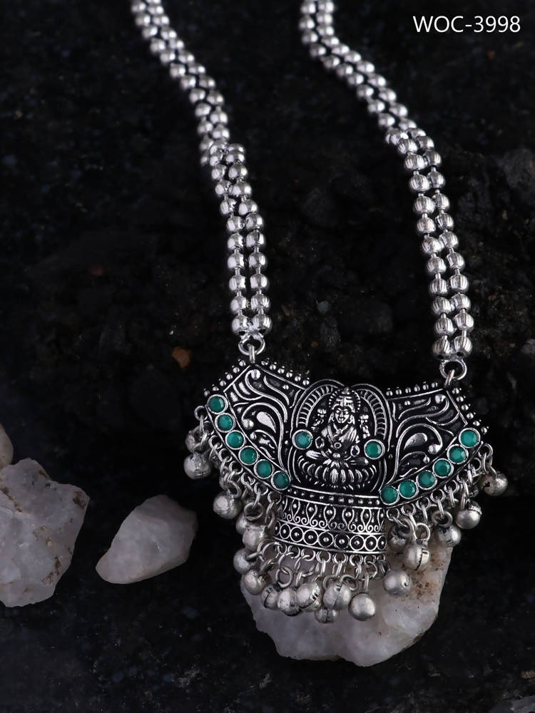 Mominos Fashion Johar Kamal Oxidised Laxmi Mata With Green Stones Long Necklace | Grocsy