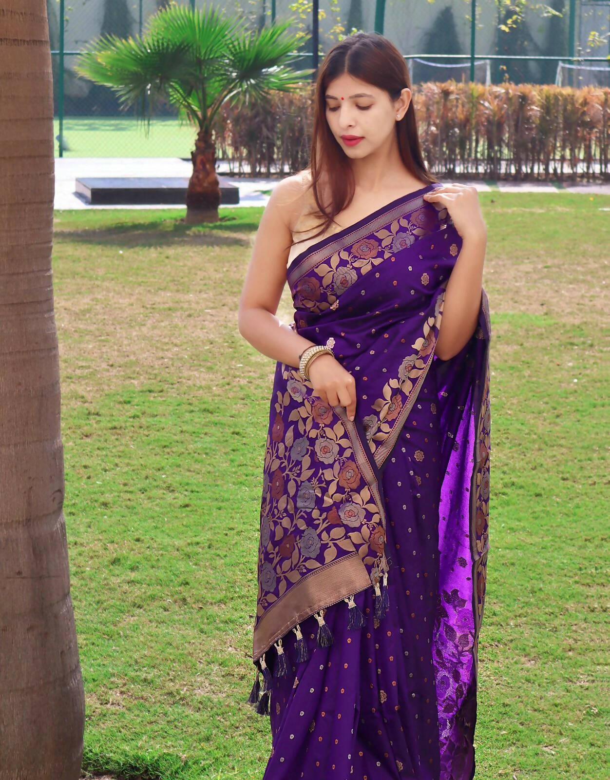 DEIANA'S Beautiful Designer Golden zari Soft Lichi Silk Saree - Purple | Grocsy