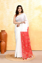 Piyari Fashion Women's White Embellished Cotton Blend Jamdani Saree | Grocsy