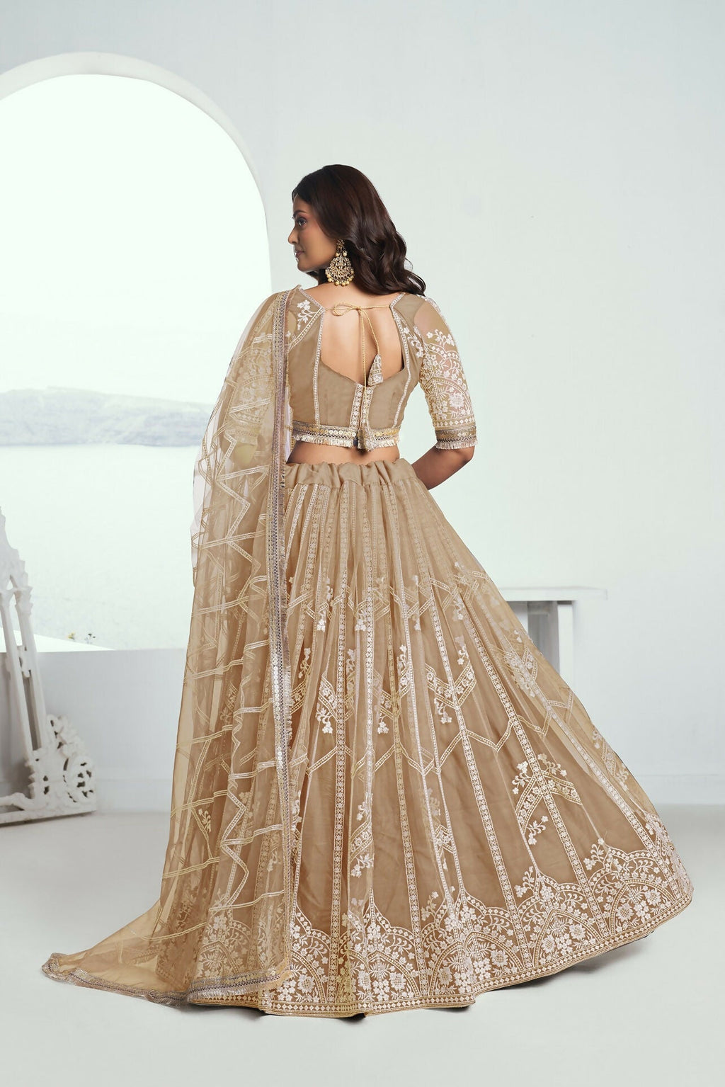 Eilara Charming Beige Thread Work Net Designer Lehenga Choli With Dupatta | Grocsy