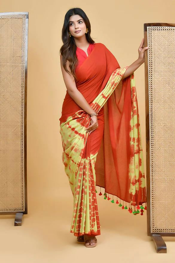 Exclusive Collection Red Light Yellow Beautiful Super Soft Most Comfortable Pure Mul Cotton Saree | Grocsy
