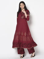 Aniyah Rayon Maroon Color Block Print Anarkali Palazzo Set (AN-181K) | Grocsy