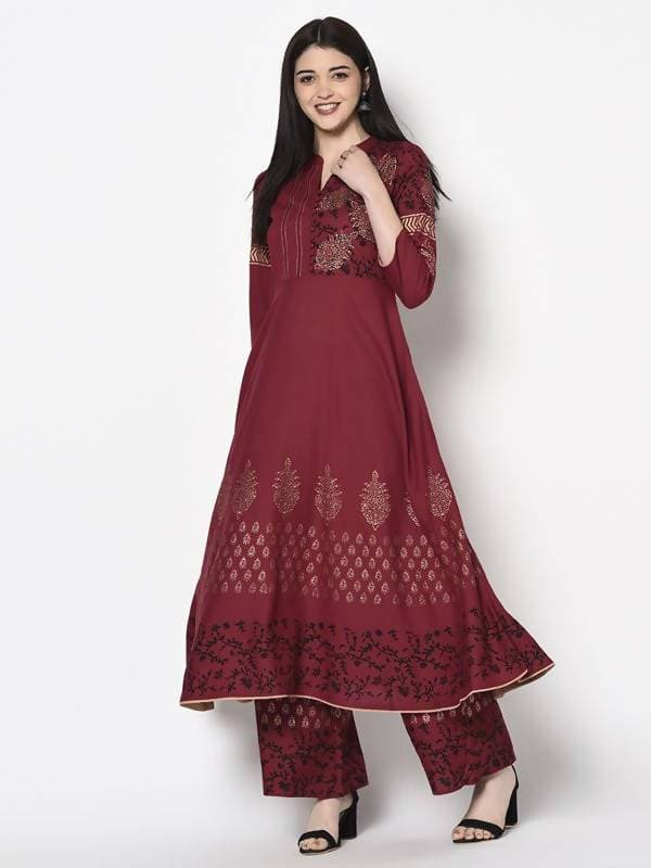 Aniyah Rayon Maroon Color Block Print Anarkali Palazzo Set (AN-181K) | Grocsy