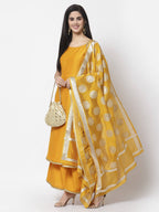 Myshka Women Yellow Silk Blend Solid Sleeveless Round Neck Neck Kurta Palazzo Dupatta Set | Grocsy
