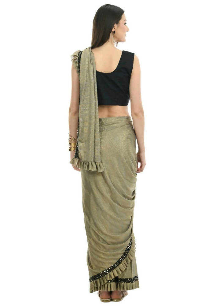 Mominos Fashion All Season Wear Olive Green And Black Ruffled With Blouse Ready To Wear Saree