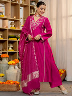 The52 Women's Beautiful Viscose Silk Fabric Embroidery Work A-Line Kurta Pant and Dupatta Set | Grocsy