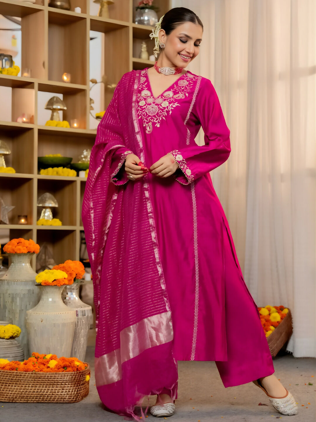 The52 Women's Beautiful Viscose Silk Fabric Embroidery Work A-Line Kurta Pant and Dupatta Set | Grocsy