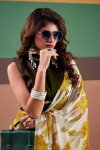 Vastranavya Yellow Satin Silk Floral Printed Saree with Stitched Blouse | Grocsy
