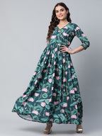 Ahalyaa Women Dark Green Crepe Digital Print Dress | Grocsy