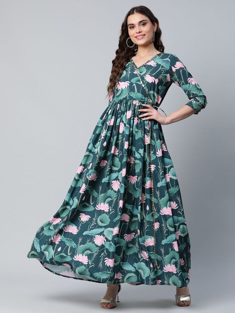 Ahalyaa Women Dark Green Crepe Digital Print Dress | Grocsy
