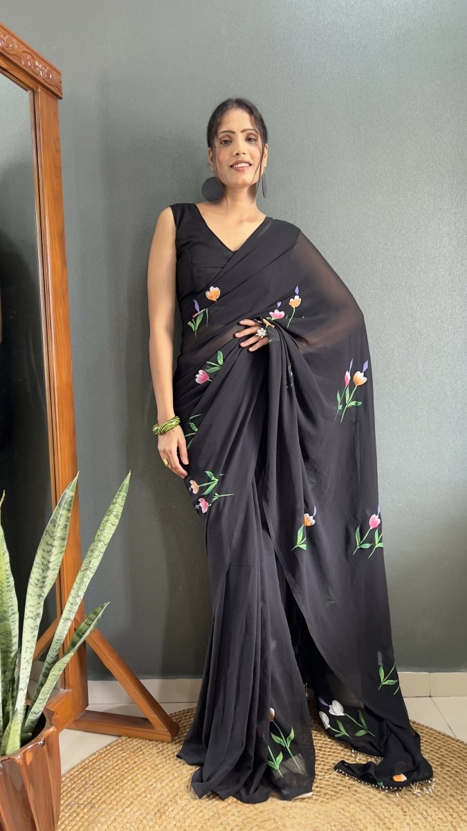 Aayaa Designer 1 min Hand Painted Ready to Wear saree - Black | Grocsy
