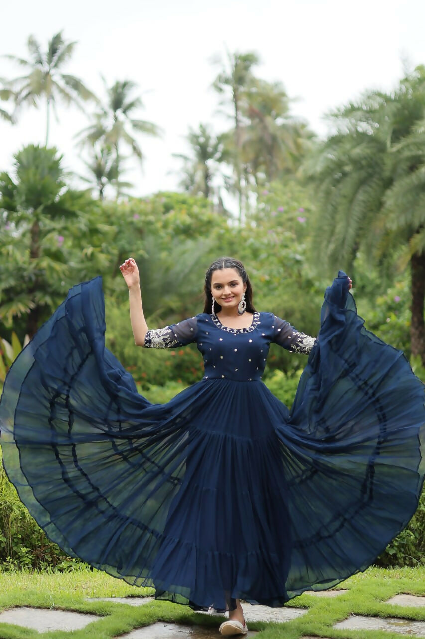 Vastranavya Premium Designer Faux Blooming with Embroidery Zari Sequins work Gown - Navy Blue | Grocsy