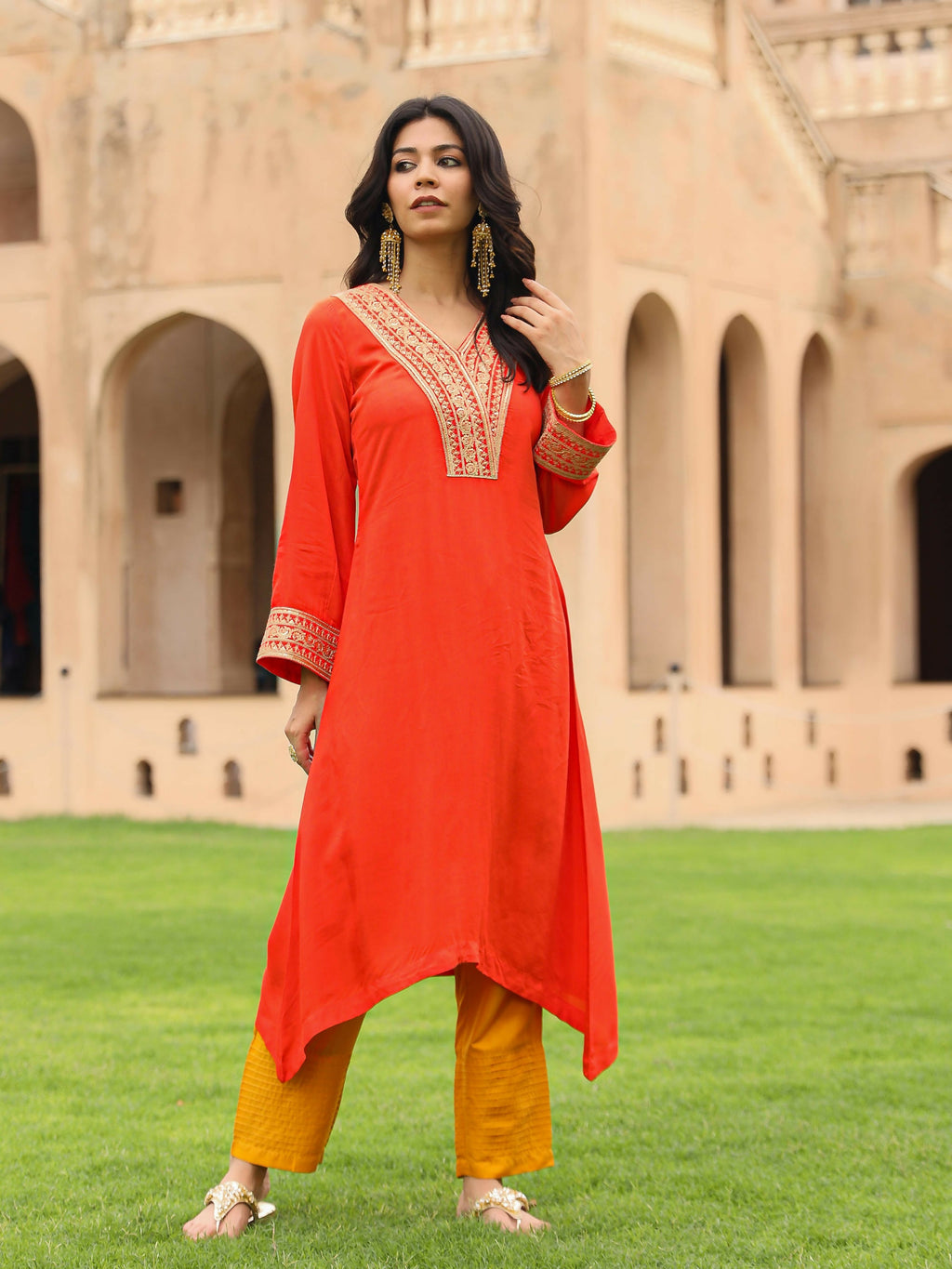 Juniper Women's The Swarna Coral Zari Embroidered Viscose Kurta & Pant Set With Sequins | Grocsy
