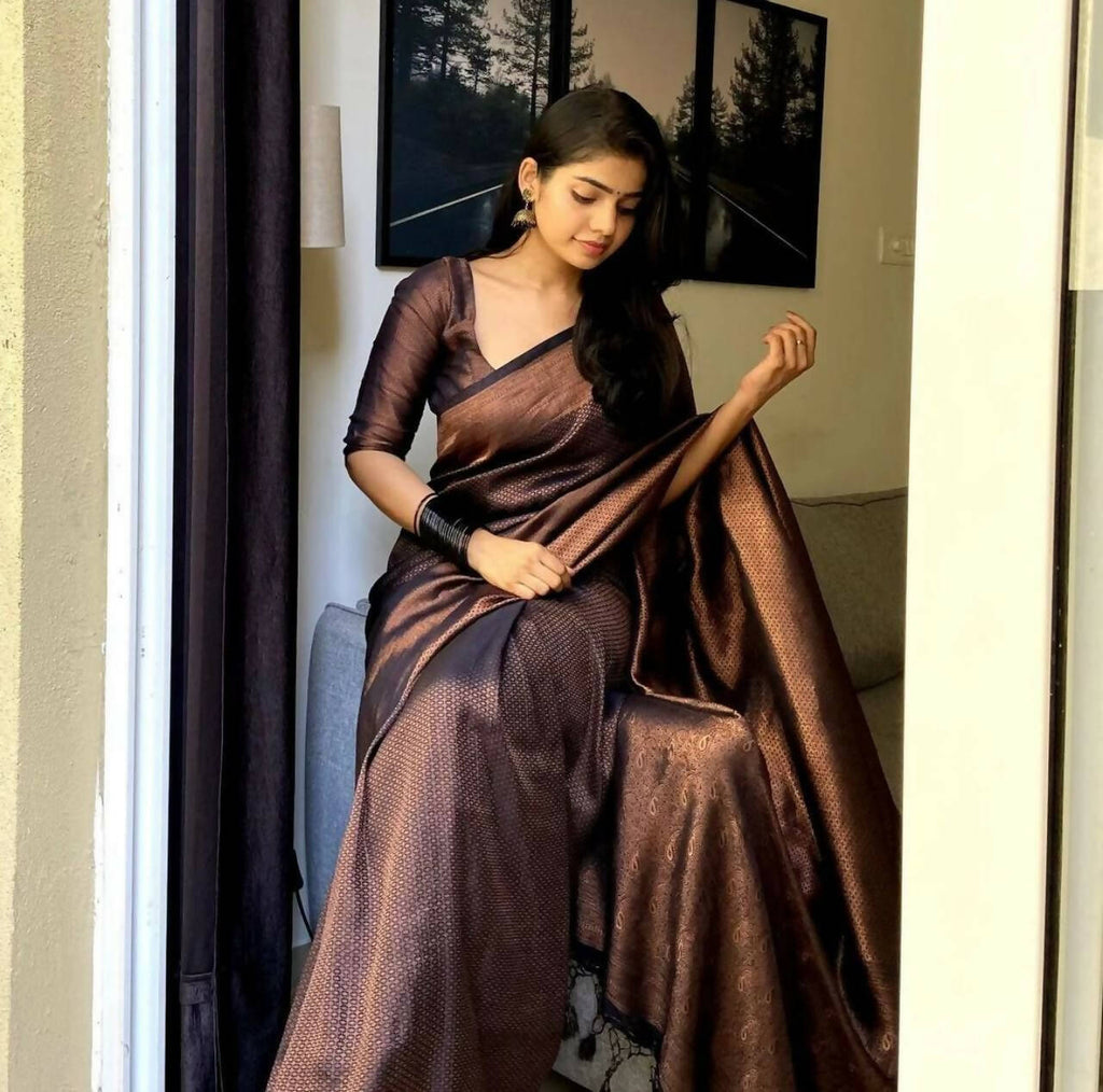 DEIANA'S Beautiful Designer Golden zari Soft Lichi Silk Saree - Black | Grocsy