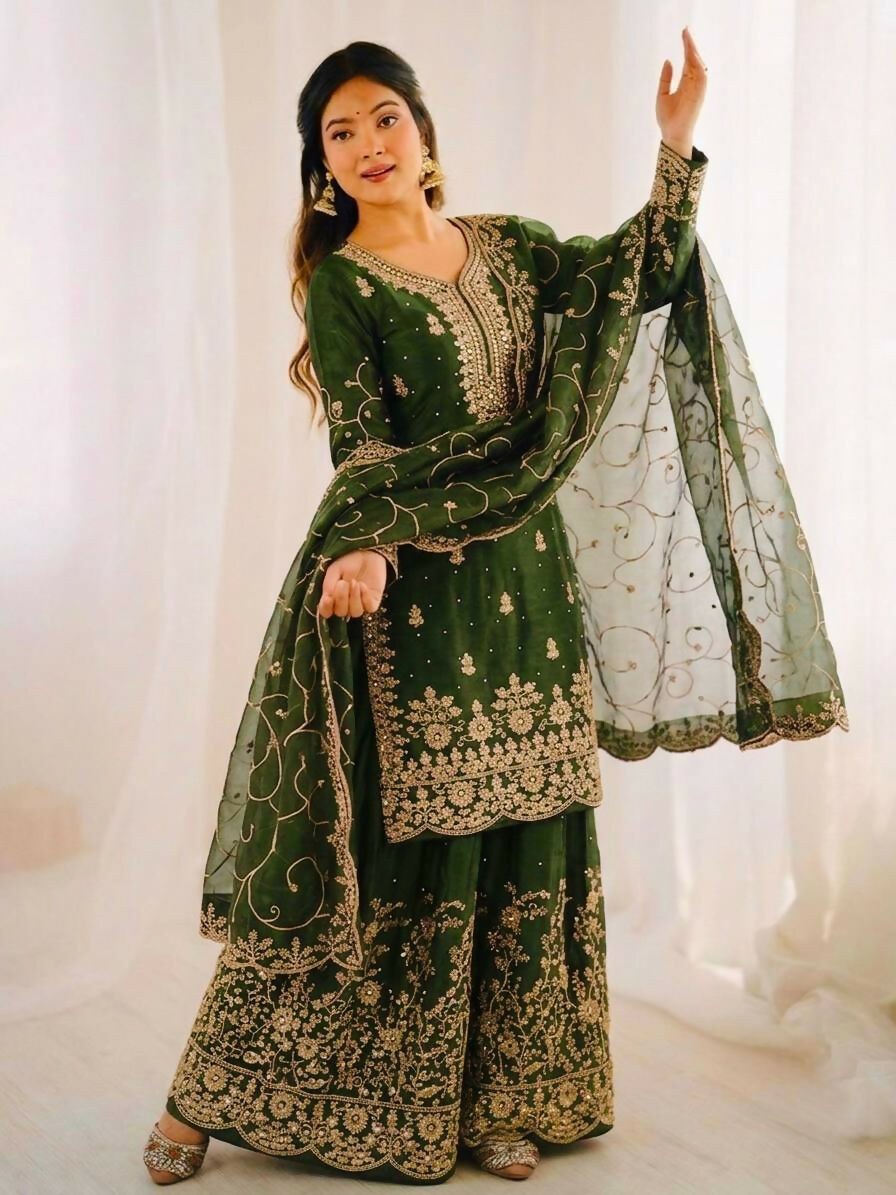 Teeya Creation Green Color Gymmi Silk Embroidery Work Wedding Wear Sharara Set | Grocsy
