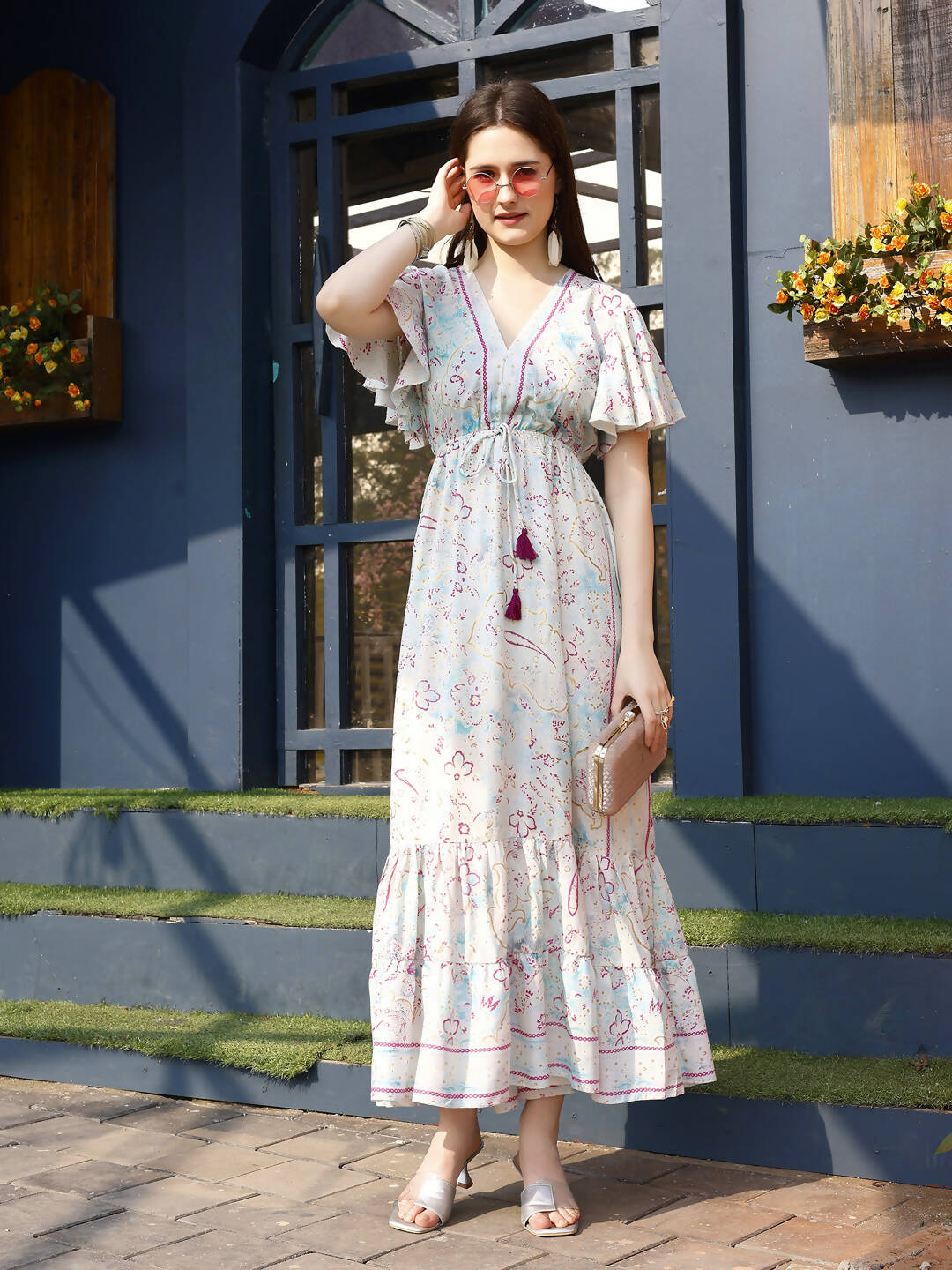 Off white Rayon Foil Printed Long Dress - Michan | Grocsy