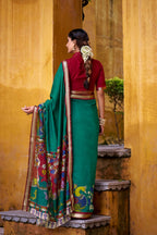 Vastranavya Firozi Viscose Chanderi Kalamkari Print with Zari Working Saree & Unstitched Blouse | Grocsy