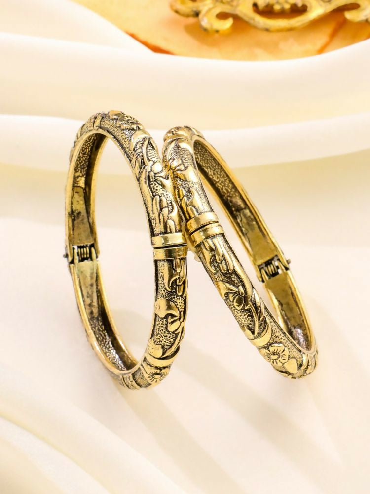NVR Women Set of 2 Gold-Polished Floral Design Oxidised Bangles