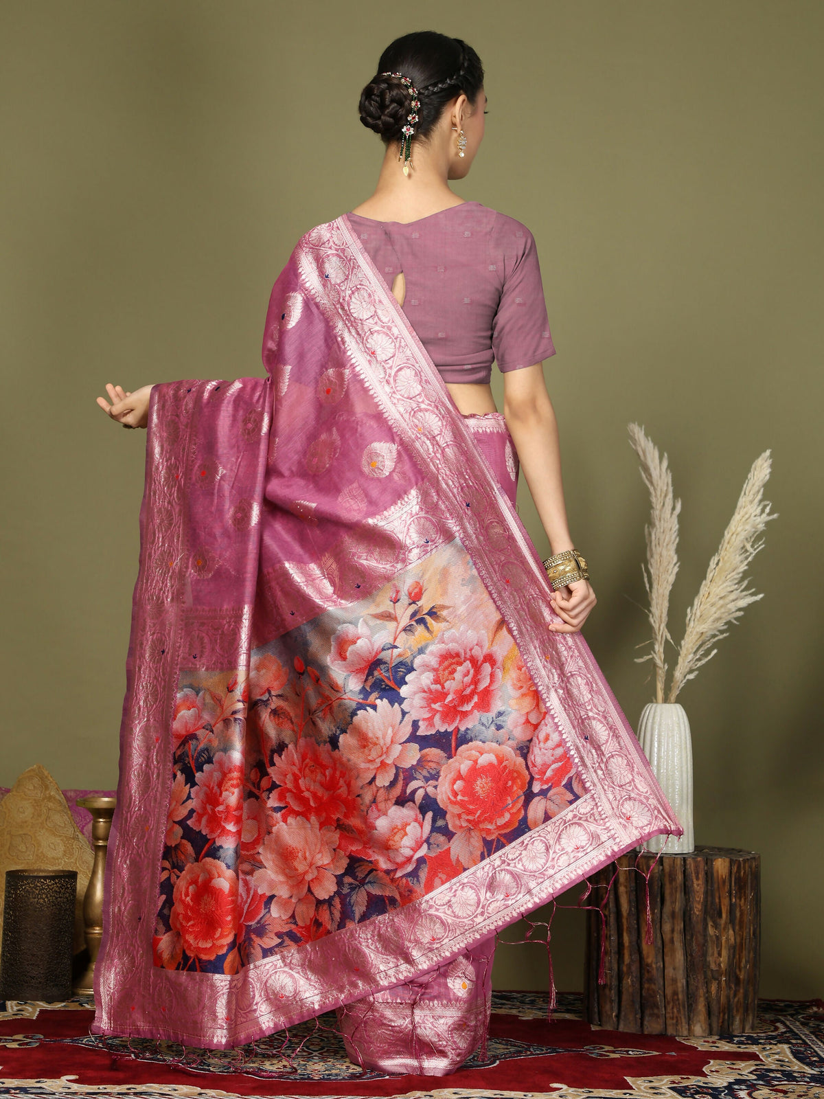 Shree Shyam Fashion Linen Cotton Pink Saree | Grocsy