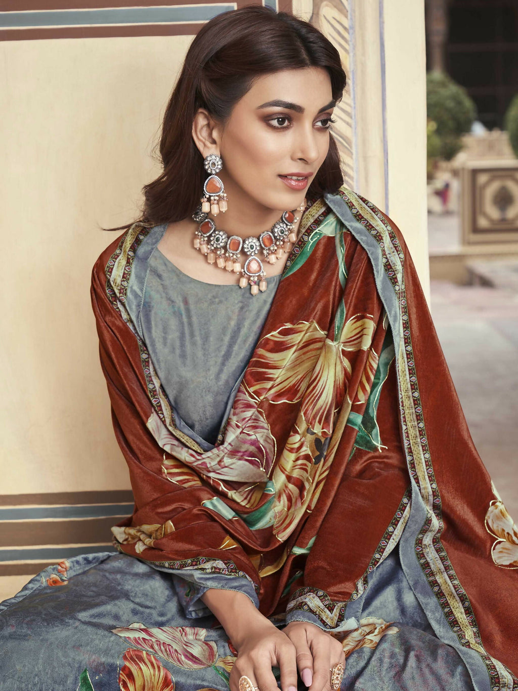 Jyoti Fashion Women's Grey Velvet Floral Digital Printed Kurta with Trouser & Dupatta | Grocsy