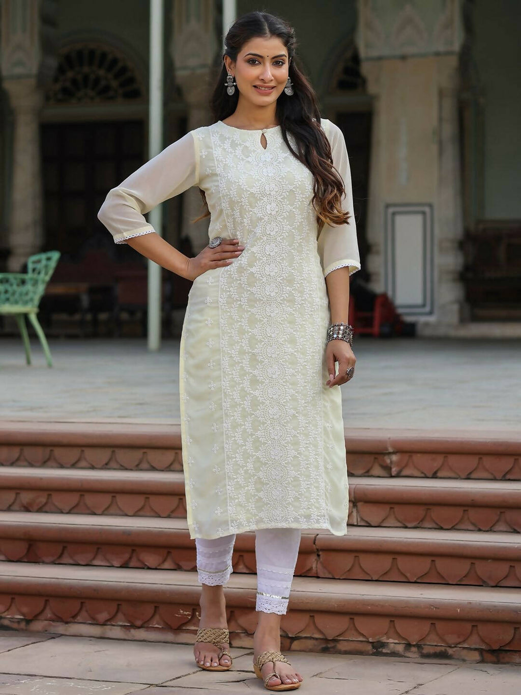 Juniper Women's Lemon Georgette Printed Kurta | Grocsy