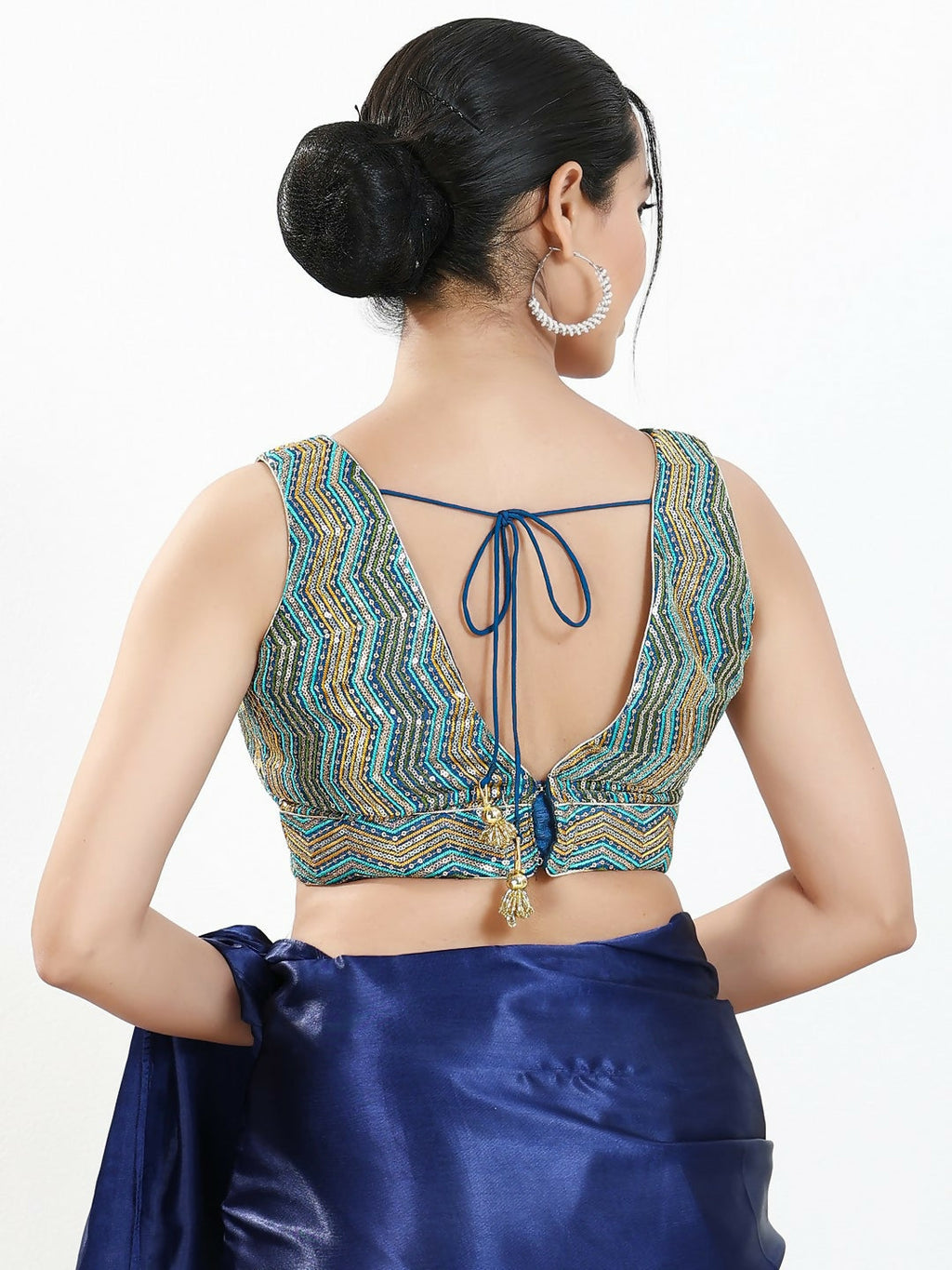 Joban Fashion Blue Multi Silk Padded Blouse With V Neck Sleeveless | Grocsy