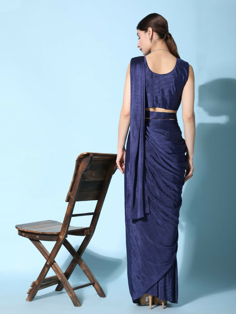Blue Imported Crush Lycra Texture Pattern Ready to Wear Saree with stitched Blouse - Nirvana | Grocsy