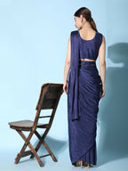 Blue Imported Crush Lycra Texture Pattern Ready to Wear Saree with stitched Blouse - Nirvana | Grocsy