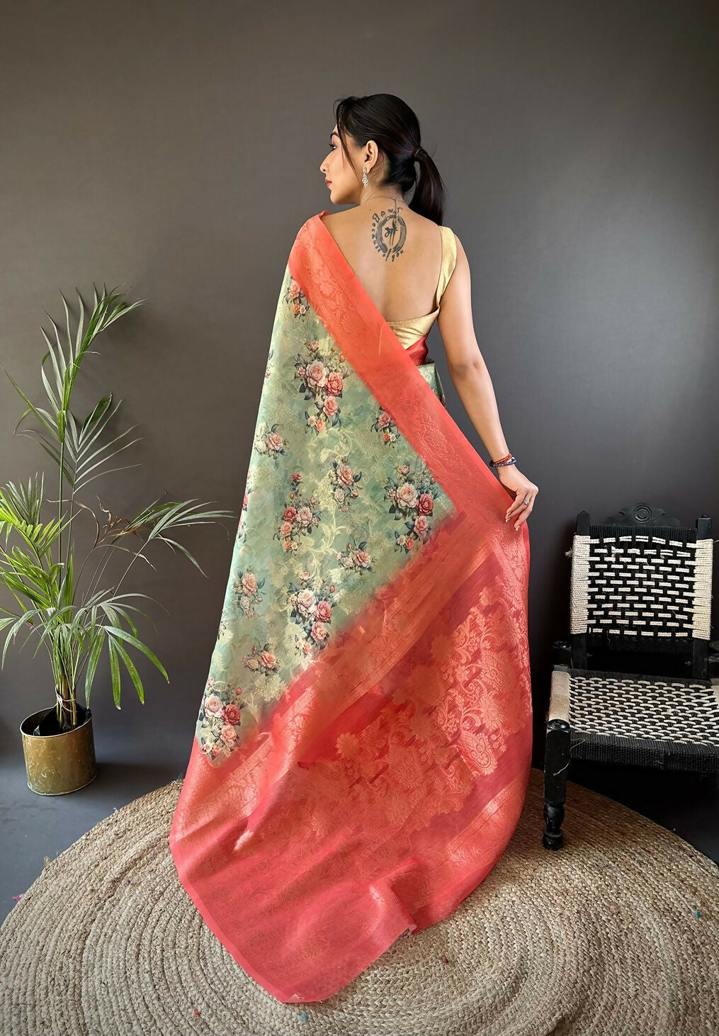 Joban Fashion Brick Red Floral Motifs Banarasi Silk Sarees | Grocsy