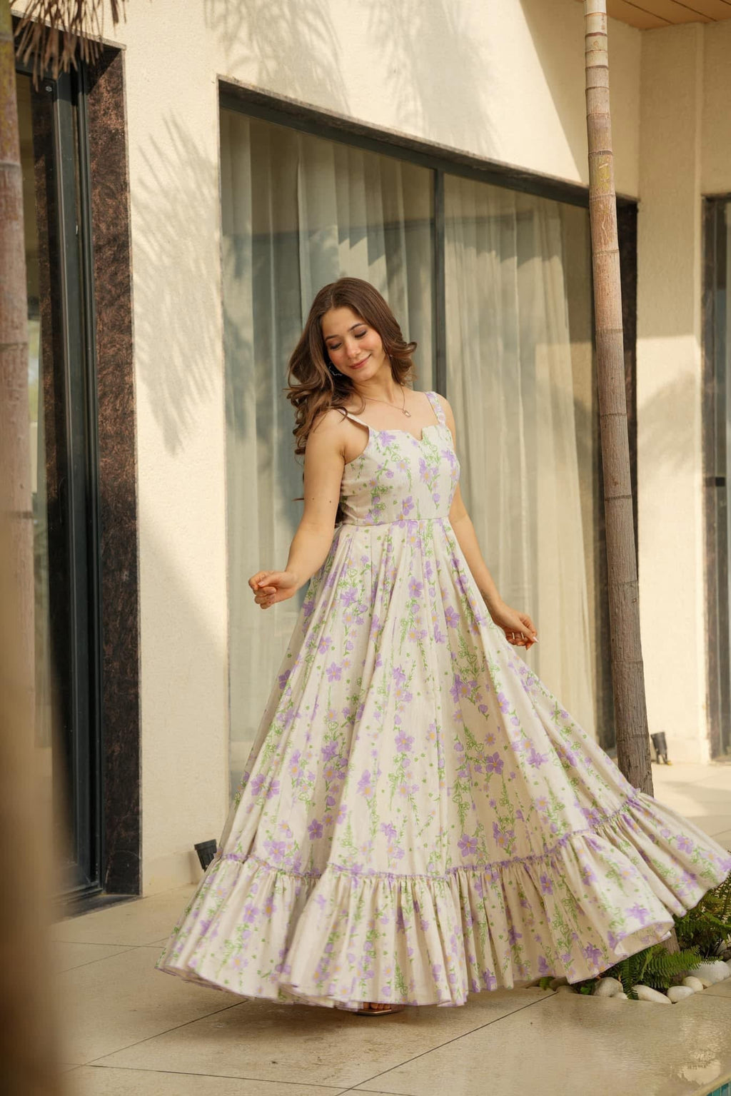 Lorenvalley Cream Rayon Floral Print Fit & Flare Gown | Grocsy