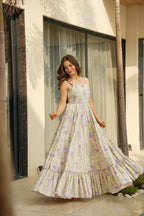 Lorenvalley Cream Rayon Floral Print Fit & Flare Gown | Grocsy