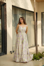 Lorenvalley Cream Rayon Floral Print Fit & Flare Gown | Grocsy