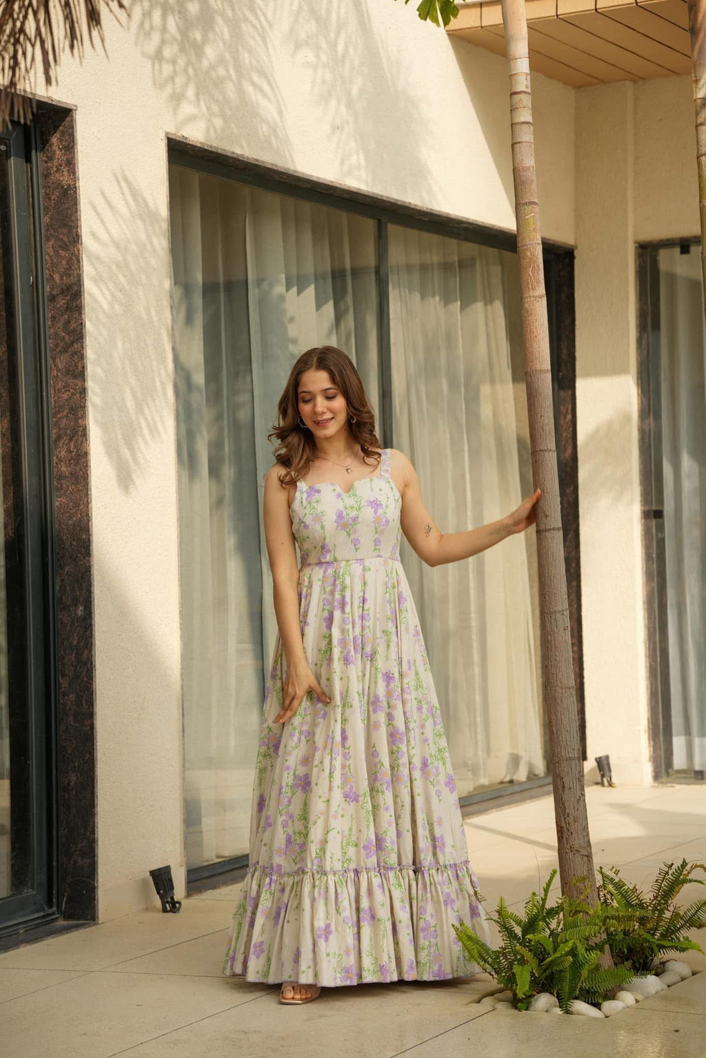 Lorenvalley Cream Rayon Floral Print Fit & Flare Gown | Grocsy