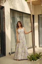 Lorenvalley Cream Rayon Floral Print Fit & Flare Gown | Grocsy