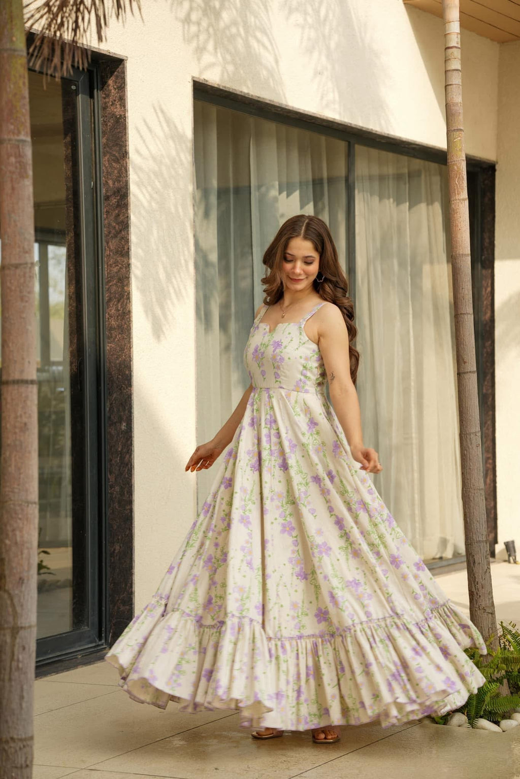 Lorenvalley Cream Rayon Floral Print Fit & Flare Gown | Grocsy