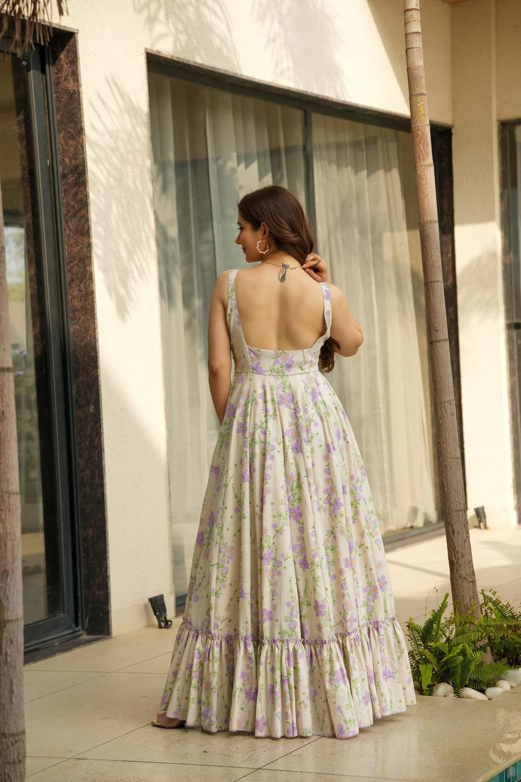 Lorenvalley Cream Rayon Floral Print Fit & Flare Gown | Grocsy