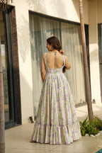 Lorenvalley Cream Rayon Floral Print Fit & Flare Gown | Grocsy