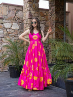 Lorenvalley Magenta Rayon Floral Print Fit & Flare Gown | Grocsy