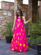 Lorenvalley Magenta Rayon Floral Print Fit & Flare Gown | Grocsy
