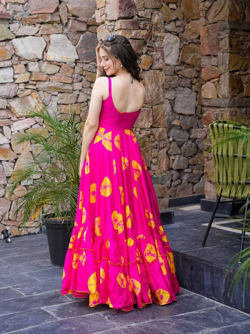 Lorenvalley Magenta Rayon Floral Print Fit & Flare Gown | Grocsy
