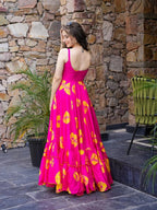 Lorenvalley Magenta Rayon Floral Print Fit & Flare Gown | Grocsy