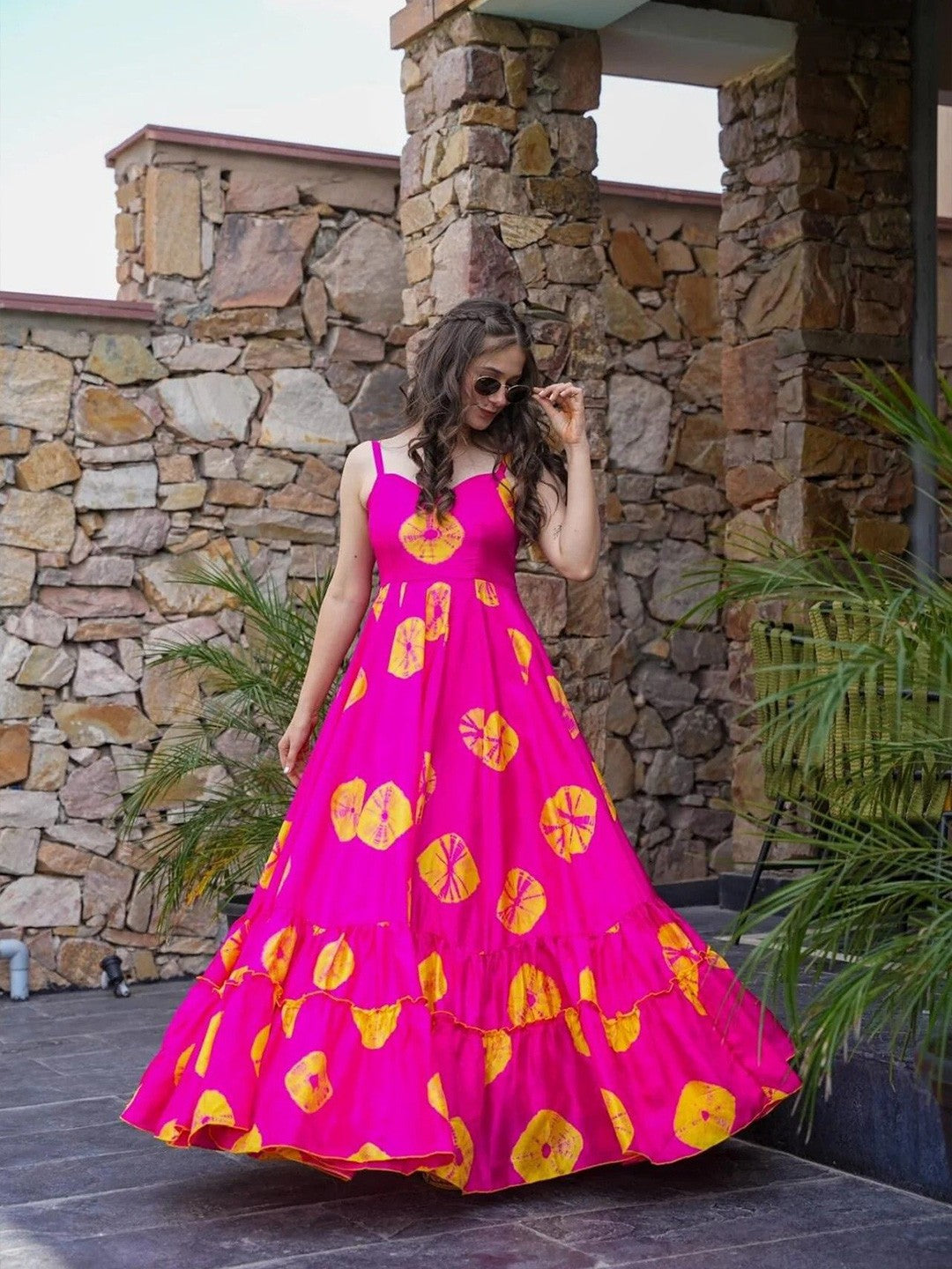 Lorenvalley Magenta Rayon Floral Print Fit & Flare Gown | Grocsy