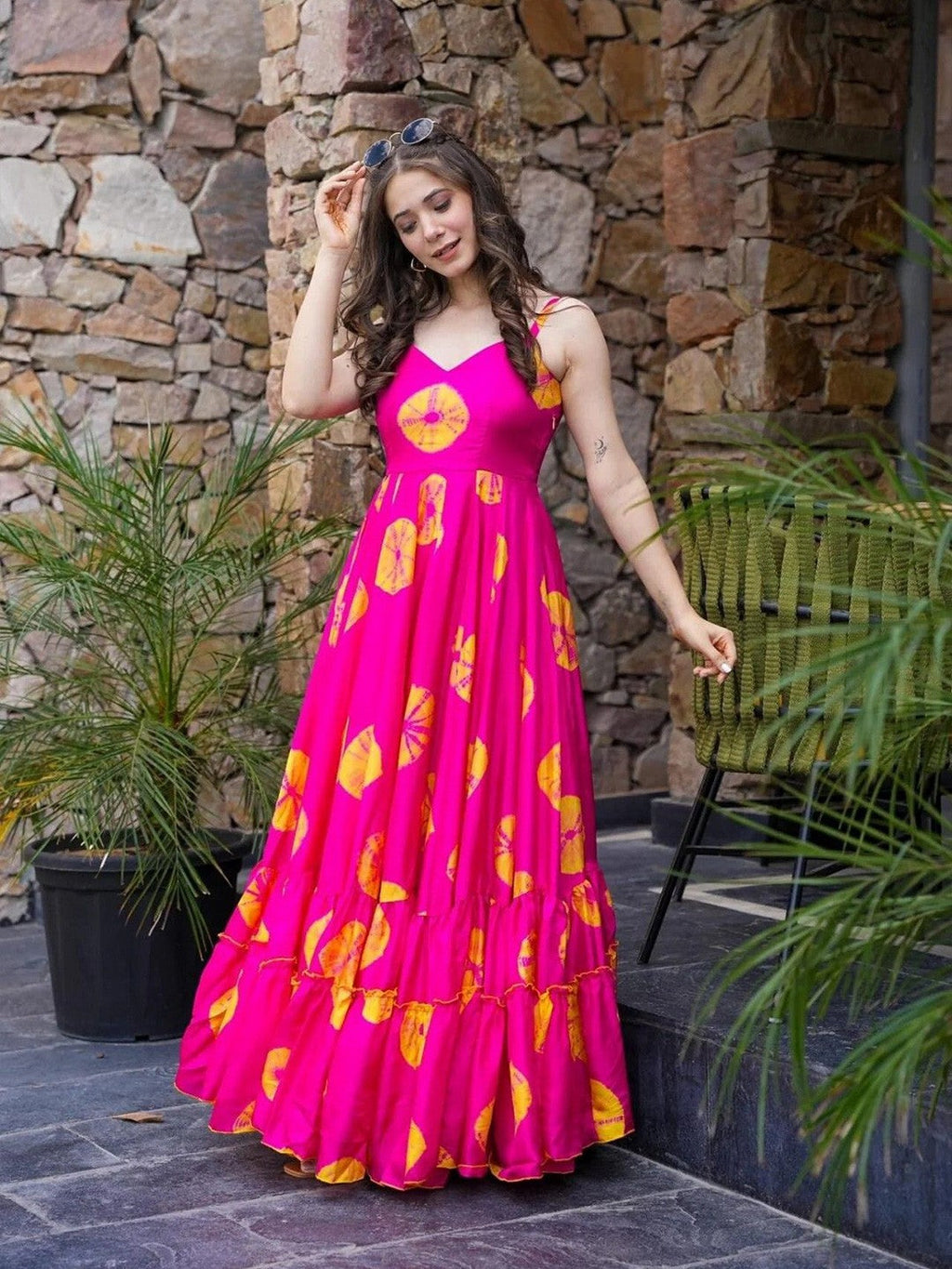 Lorenvalley Magenta Rayon Floral Print Fit & Flare Gown | Grocsy