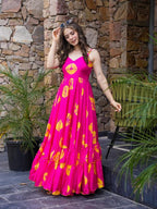 Lorenvalley Magenta Rayon Floral Print Fit & Flare Gown | Grocsy