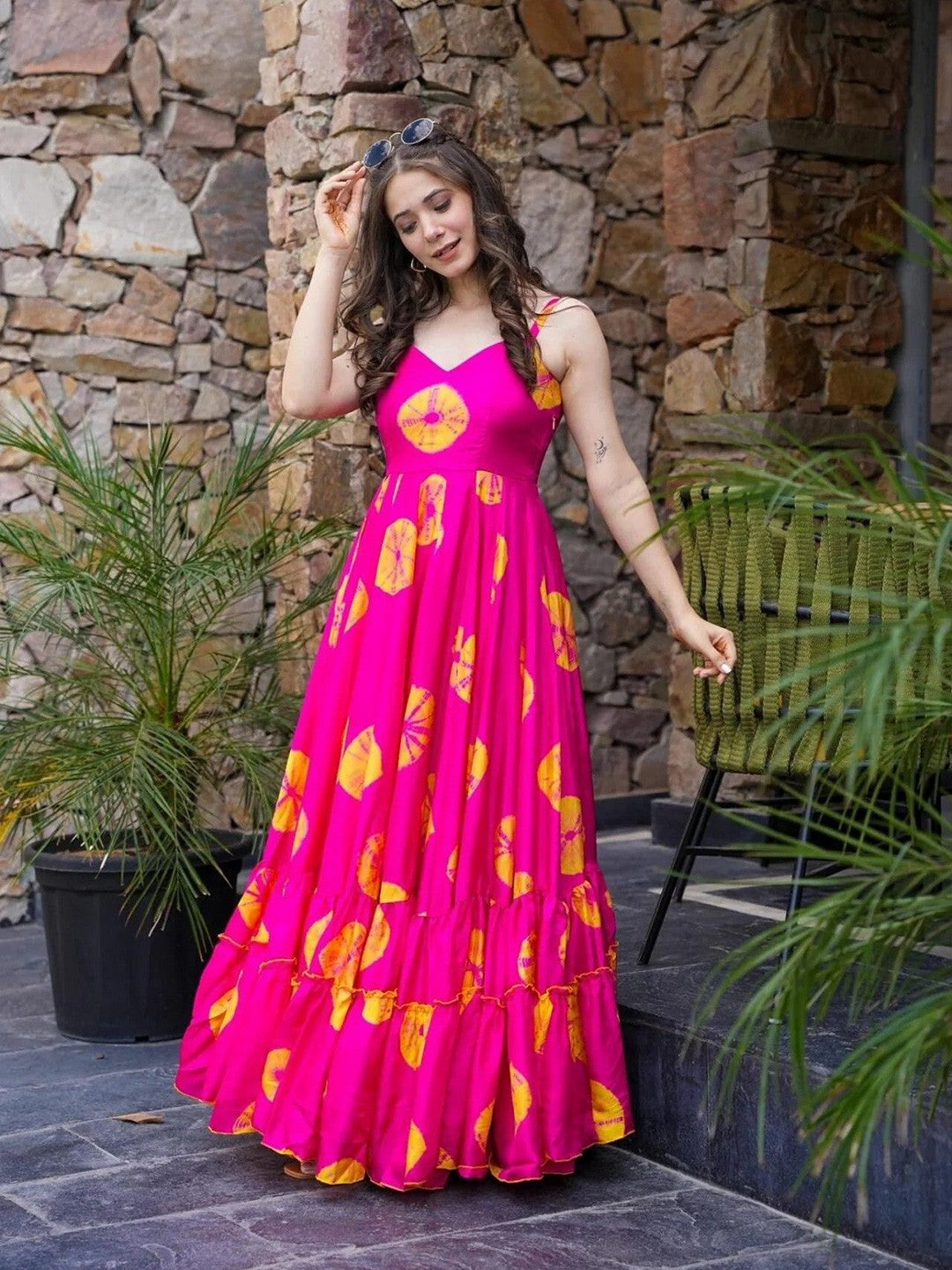 Lorenvalley Magenta Rayon Floral Print Fit & Flare Gown | Grocsy