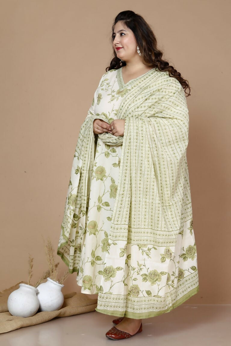 Miravan Women's Plus Size Green Printed Anarkali Kurta With Palazzo And Dupatta | Grocsy